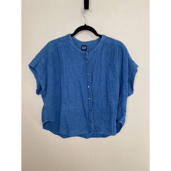 Gap Womens Blue Short-Sleeve Button-Down Boxy Top M 100% Cotton Casual Style - Picture 2 of 5